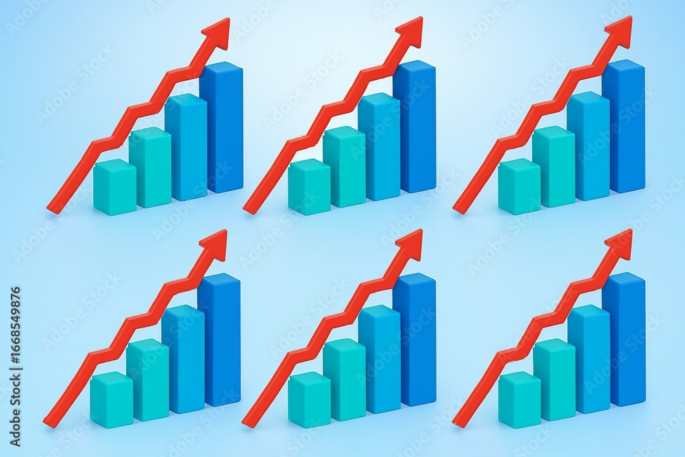 Aufkleber multiple upward trending bar graphs with red arrows indicating growth