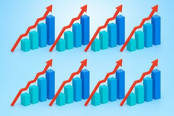 Multiple isometric bar charts showing upward trends and growth