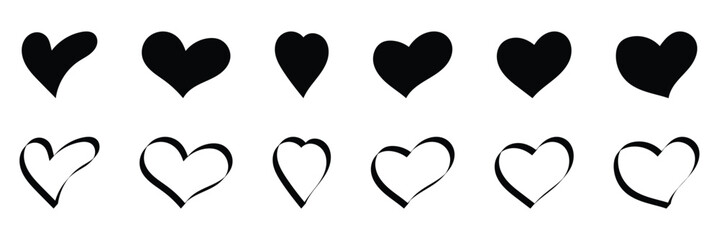 Doodle heart, open Heart icon in black and white filled and outline vector, Heart silhouette, love sign illustration