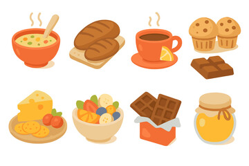 Cozy Food Icons. Flat vector mini-illustrations cozy food in colors children's illustrations: soup bowls, fresh bread, hot tea,