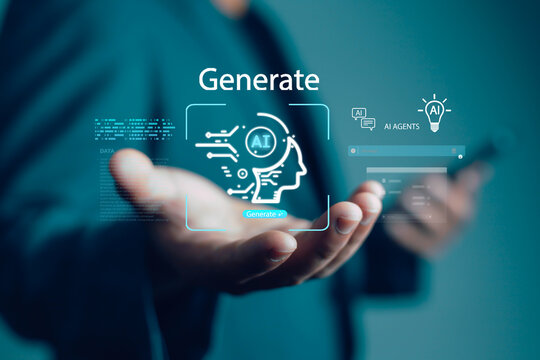 Businessman using technology connecting to the internet around the world, chatting, chatting with AI, artificial intelligence, using command prompt to create something, future technology	
