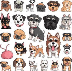 Cartoon dog characters, cute puppies, pet faces, dog breeds, vector style, animal heads, playful dogs, smiling pets, isolated icons