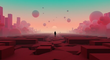 A lone figure stands in a surreal, futuristic landscape with floating spheres and abstract cityscapes under a gradient sky.