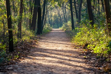 Obraz premium Sunlit Straight Path Through a Vibrant Forest: A Scenic Journey into Nature's Embrace