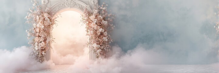 A dreamy floral archway with soft lighting and ethereal smoke, creating a romantic and enchanting backdrop for a wedding or special event, perfect for memorable photos
