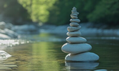 Obraz premium A delicate stack of smooth stones, balanced perfectly atop a tranquil river