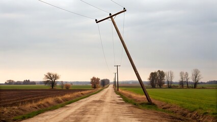 Tilted utility pole in a rural scene, under a cloudy sky suitable for infrastructure, rural development, or environmental concept designs.