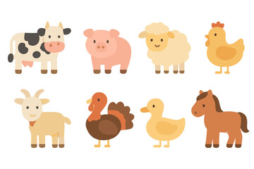 Obraz premium Farm Animal Icons. Flat vector mini-illustrations farm animals in colors children's illustrations: cow, pig, sheep, chicken, goat,