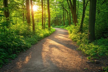 Vibrant Pathway: Sunlit Straight Trail Through a Lush Forest Landscape