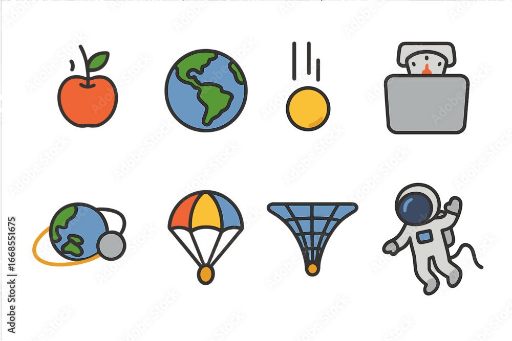 Poster gravity basics icons. flat vector mini-illustrations gravity basics in colors children's illustratio