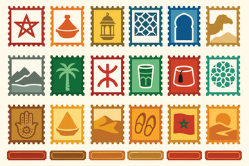 Morocco Cultural Icons and Heritage Stamp Vector Collection