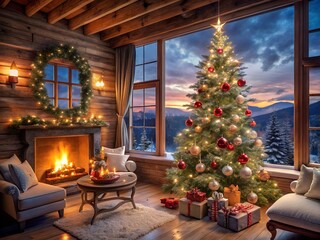 Fototapeta premium Cozy christmas interior with decorated tree and fireplace in a rustic lodge