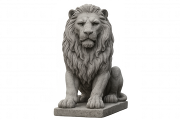 Stone lion statue sitting majestically, isolated on a transparent background, perfect for design projects needing a touch of regal elegance