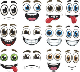 Cartoon eyes with facial expressions, vector smiley faces, emotional reactions, comic style icons, kids character set, isolated design