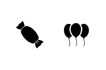 Simple party icons featuring wrapped candy and bunch of balloons for festive celebrations