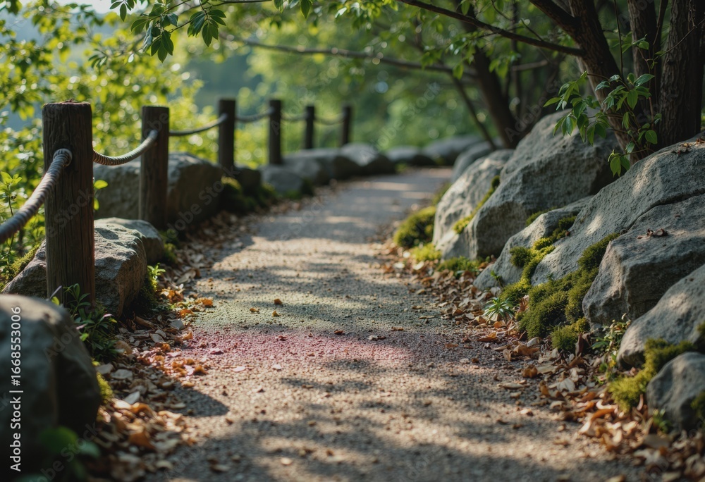 Poster scenic park path with a bench and blank map frame surrounded by nature