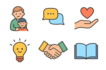 Mentorship Icons Grid. Flat vector mini-illustrations Mentorship and advice in colors children's illustrations: mentor figure,