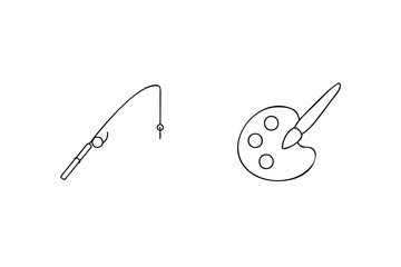 Two hand drawn icons representing fishing and painting hobbies side by side
