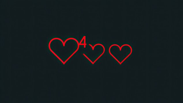 Three glowing red hearts, a 4, dark background