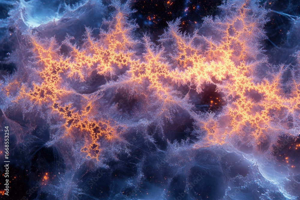Poster abstract fractal art depicting a fiery, branching structure resembling a nebula or cosmic phenomenon