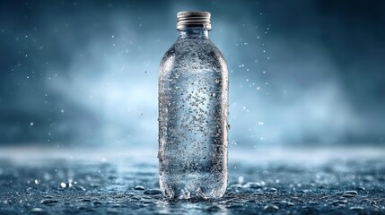 A photograph of an unbranded plastic water bottle, standing upright on its side, against a neutral background with soft lighting, showcasing sparkling and clear water inside to emphasize cleanliness, 