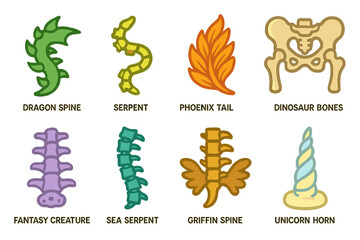 Fototapeta premium Mythical Spines Icons. Flat vector mini-illustrations mythical spines in colors children's illustrations: dragon spine, serpent
