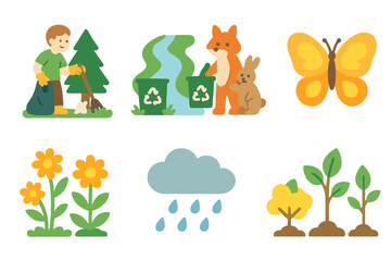 Fototapeta premium Nature Recycling Icons. Flat vector mini-illustrations recycling in nature in colors children's illustrations: forest clean-up,