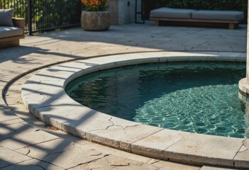 Serene city lounge terrace featuring a circular pool rim and elegant paver line