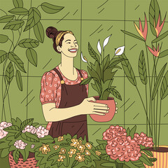 Happy young woman with houseplants. Smiling girl in apron taking care of flowers. Woman working in greenhouse. She is holding a pot with spathiphyllum. Vector illustration in flat style