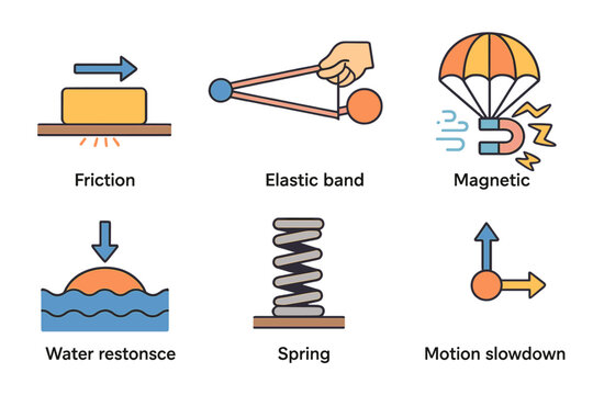 Physics Resistance Icons. Flat vector mini-illustrations resistance in physics in colors children's illustrations: friction,