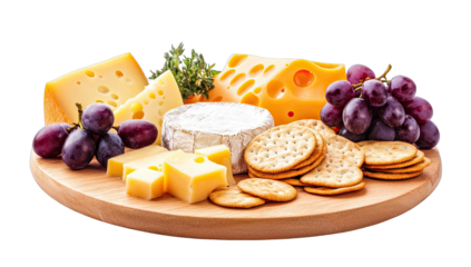 Assorted cheeses, grapes, and crackers on a wooden platter