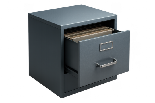 Grey metal filing cabinet with open drawer and files on transparent background