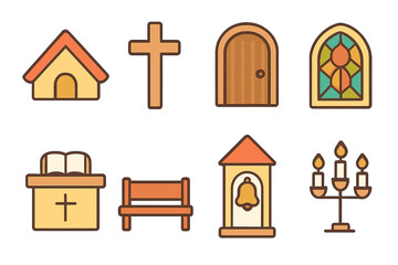 Religious Icons for Kids. Flat vector mini-illustrations Religious building features in colors children's illustrations: chapel