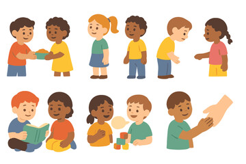 Respectful Behavior Icons. Flat vector mini-illustrations Respectful behavior in colors children's illustrations: sharing food,