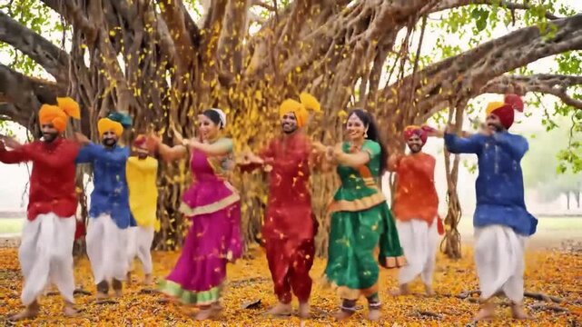 Men and women in traditional Vrindavan attire dance joyfully under a banyan tree, flower petals falling around, vibrant colors glowing in the festive spirit