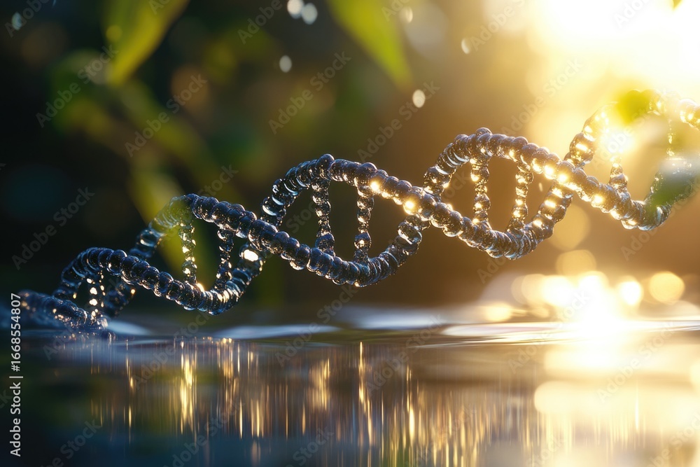 Poster dna double helix structure reflected in water, illuminated by sunlight, representing genetic code an
