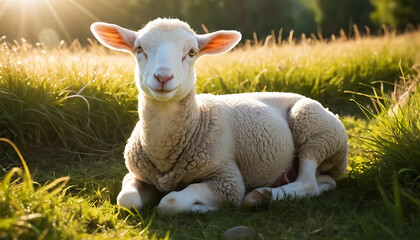 Fototapeta premium Young White Lamb Lying on Green Grass in Sunlit Field
