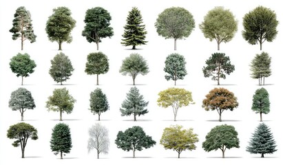 Collection of various trees, isolated on white background