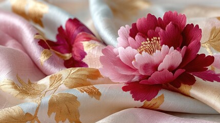 Pink and Red Beaded Peony on Silk Brocade Fabric