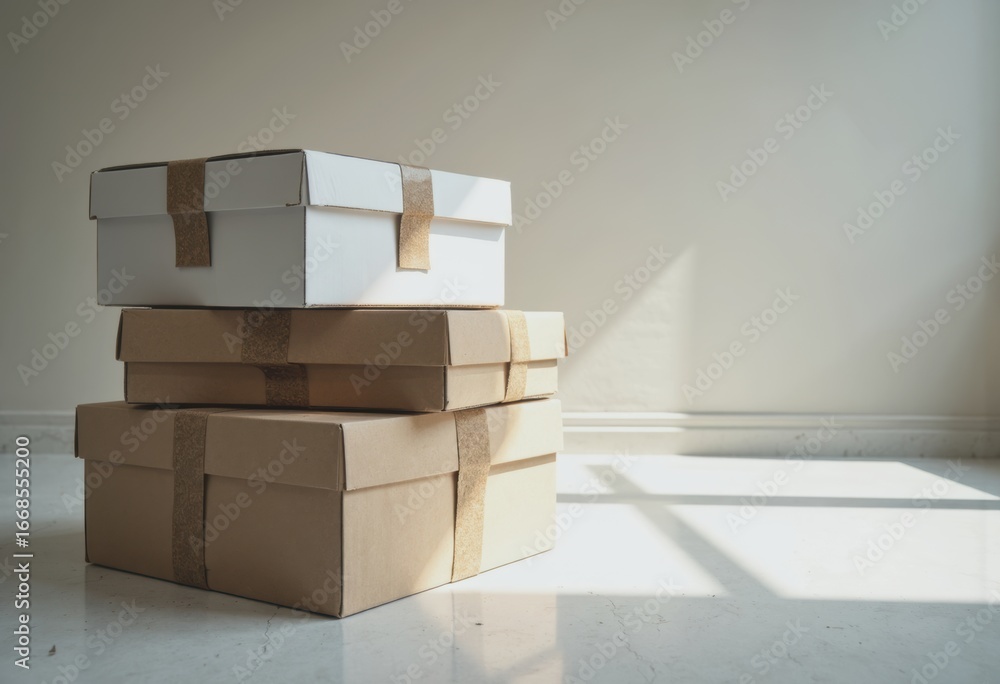 Poster retail box stack aligned with strap guard for organized storage