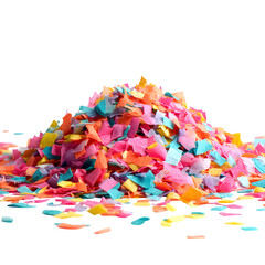 A pile of colorful confetti, isolated on white background