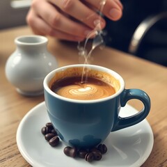 A cup of coffee with latte art on a saucer with coffee beans.