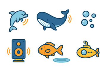 Underwater Sounds Icons. Flat vector mini-illustrations underwater sounds in colors children's illustrations: dolphin clicking,