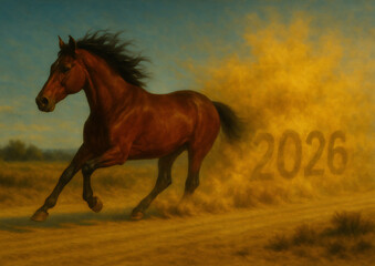 Obraz premium Galloping Horse on Dusty Road with 