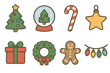 Winter Holiday Icons. Flat vector mini-illustrations winter holidays in colors children's illustrations: Christmas tree, snow