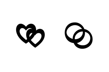 Two simple black icons hearts and interlocking rings symbolizing love and commitment