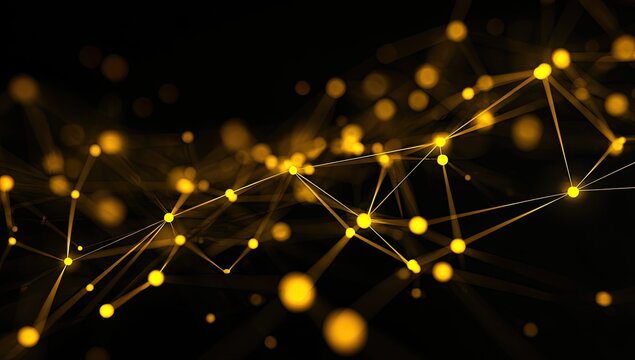 Abstract network of interconnected golden points and lines on a dark background