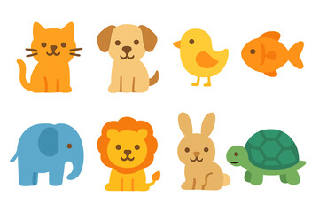 Fototapeta premium Animal Icons Grid. Flat vector mini-illustrations animal icons in colors children's illustrations: cat, dog, bird, fish, elephant,