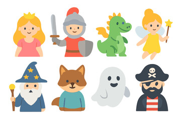 Fototapeta premium Bedtime Story Icons. Flat vector mini-illustrations bedtime story characters in colors children's illustrations: princess, knight,