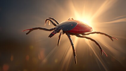 A digitally rendered tick, vibrant red and dark grey,  soars against a sunburst